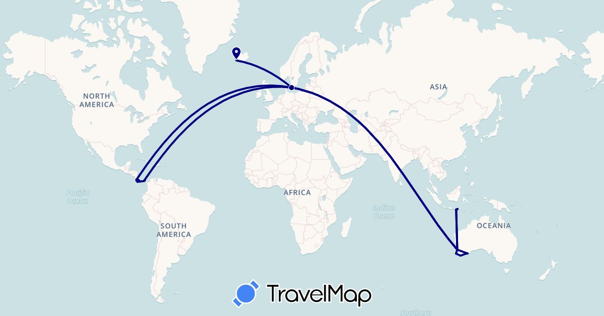 TravelMap itinerary: driving in Australia, Costa Rica, Denmark, Indonesia, Iceland, Panama (Asia, Europe, North America, Oceania)